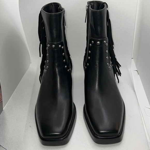 Sam Edelman Bernie black leather fringe studded square front western booties 6 M - Picture 7 of 13